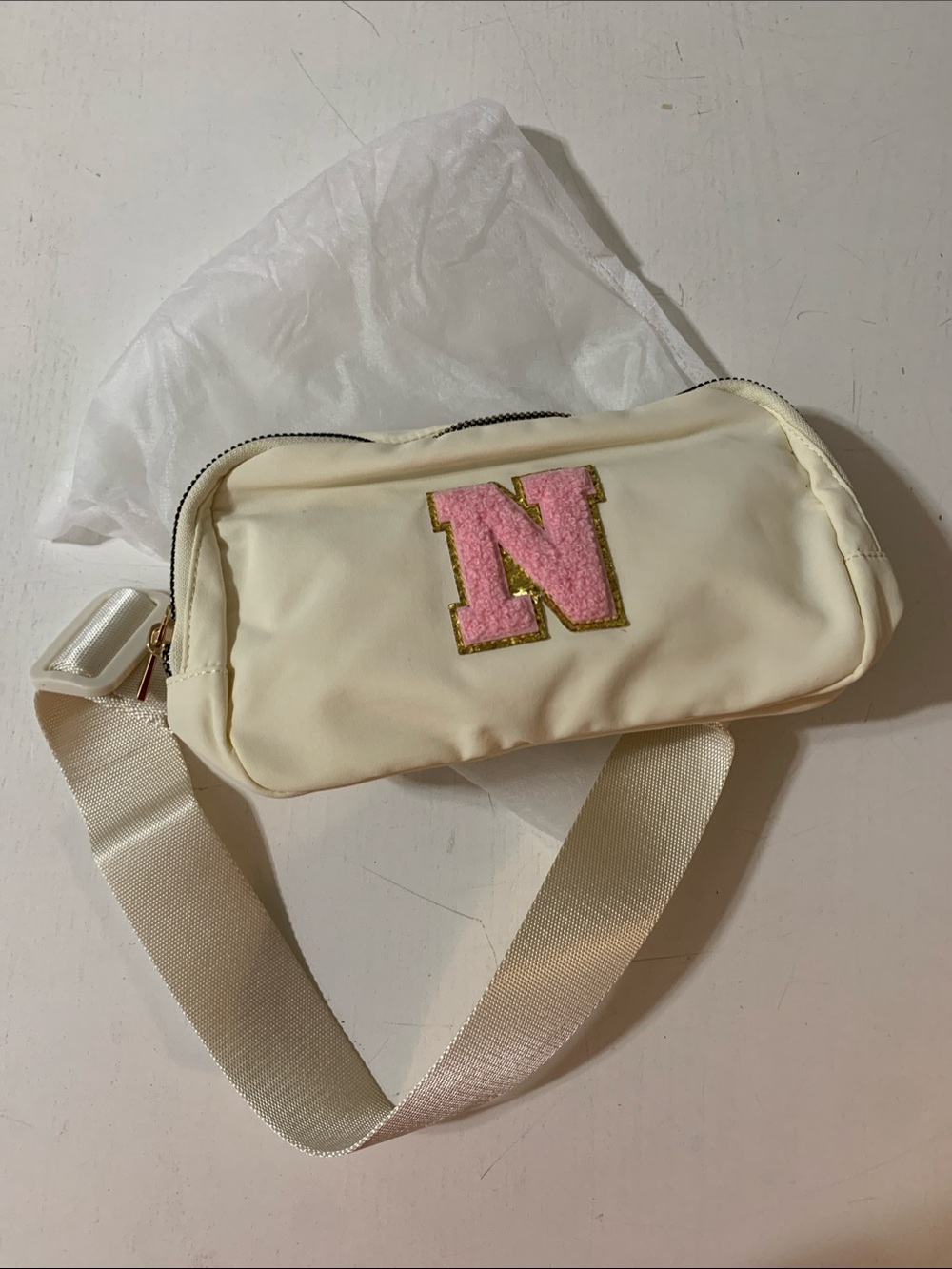 Cream Crossbody Belt Bag with Pink Letter N Patch